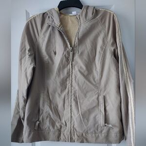 Dress Barn Women Large Khaki Tan Windbreaker Jacket Netting Hood Zip Drawstring